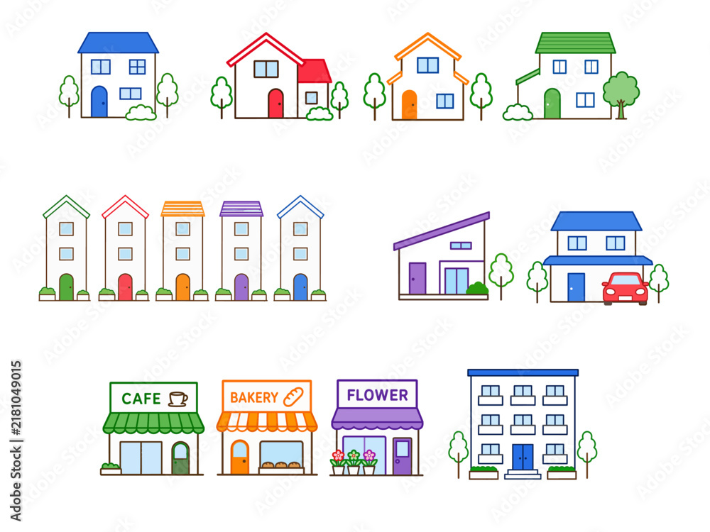 Fototapeta premium Colorful houses shops and buildings illustration set