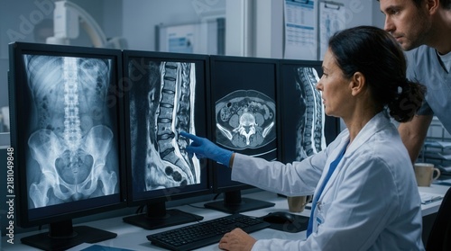 Medical Professionals Reviewing Complex Spinal Imaging Scans In Modern Clinic Setting