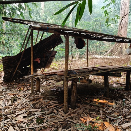 Konstfotografi The image appears to show a rustic, makeshift wooden shelter or resting platform (langkau or pondok) set up in a dense tropical rainforest, likely in Southeast Asia, surrounded by dry bamboo leaves