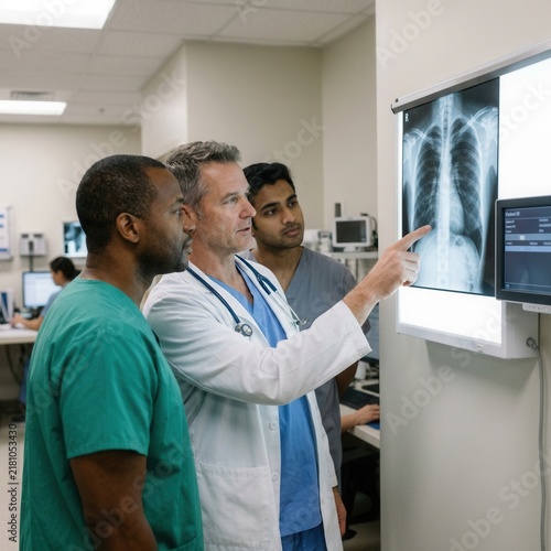 Medical Professionals Collaborating On X-Ray Examination In Modern Hospital Setting