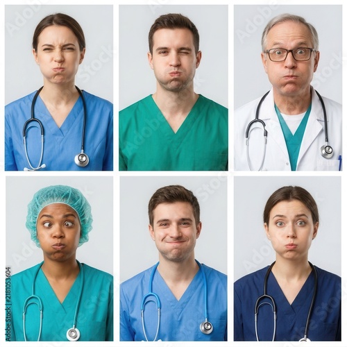 Medical Professionals Making Funny Faces With Puffed Cheeks Expressions Collection