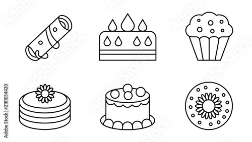 Simple black and white line art illustrations of various birthday celebration themed items including a candle roll cake cupcake and a decorated donut