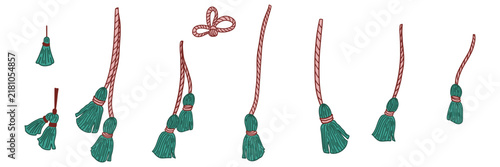 Boho bohemian tassel set with hanging cord fringe, dusty pink rope and teal green thread tassels collection, vector illustration for macrame decor, bookmark, invitation card, textile clipart