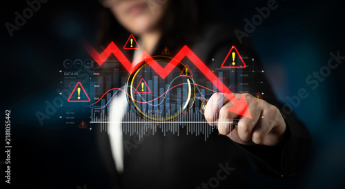 фотографія Economic caution visualized with fluctuating market graph, alert symbols, and negative data trends