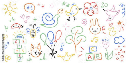 Cute children hand drawn crayon doodle set with colorful chalk school elements, animals, hopscotch game, abc blocks, vector illustration for preschool kindergarten lesson worksheet clipart