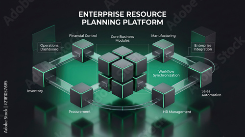 Modular 3D ERP block diagram representing core enterprise software integration