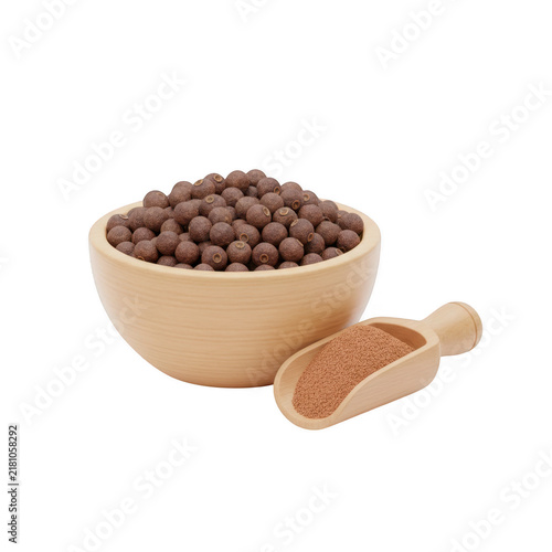 Chocolate cereal balls in a wooden bowl with scoop