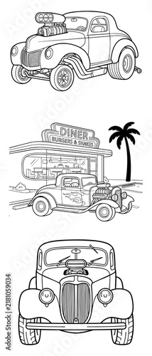 Retro Hot Rod Coloring Pages: Classic Cars at a Burger Diner with Flames and Superchargers