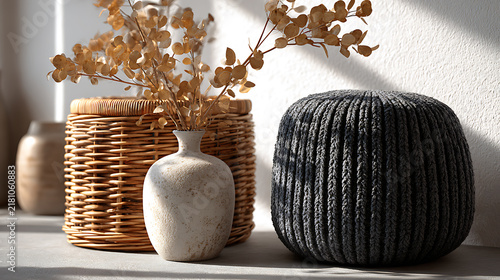 Woven log basket with charcoal knit pouf and eucalyptus stems
