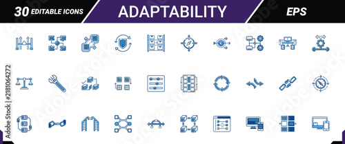 Adaptability line vector icon set with blue and red accents for business workflow integration.