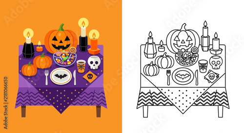 Halloween Table Setting with Jack-o-Lantern, Pumpkins, Candy, Skull, and Candles