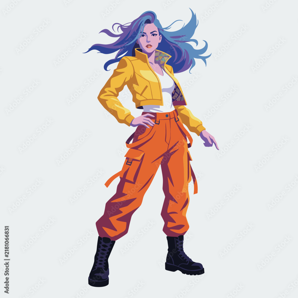 Fototapeta premium The image presents a striking character design featuring a fashionable woman in urban attire, expertly crafted to reflect contemporary style and confident expression.