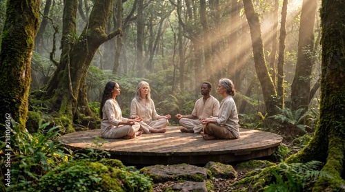 Multiple diverse people practicing deep meditation together on a wooden platform in a tranquil sunlit green forest, holistic wellness, spiritual retreat and peaceful mental health connection