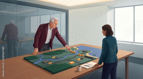 Architects examining a large urban city model in a modern office illustration