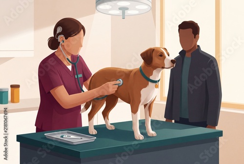 Female veterinarian examining a dog in a clinic with the owner illustration