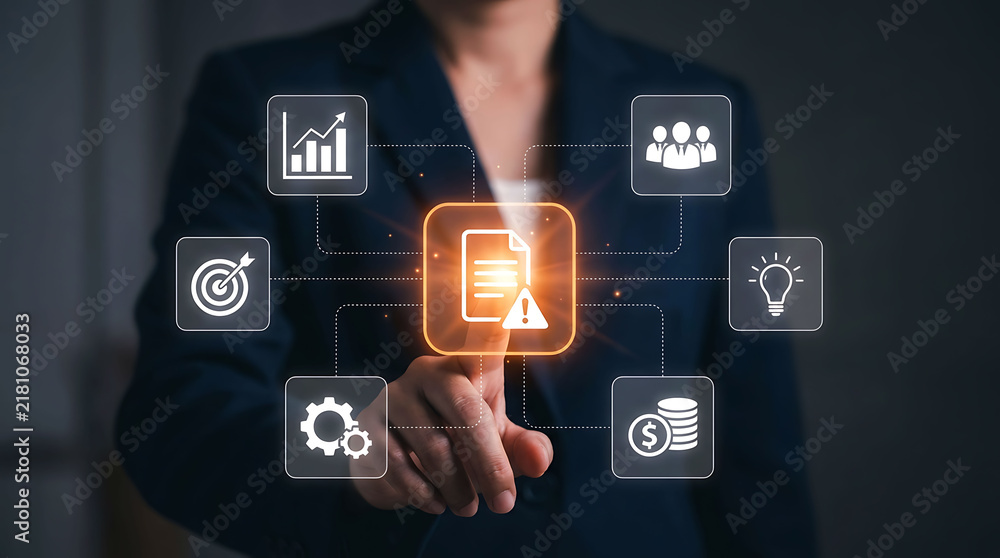 Obraz premium Businessman interacting with digital data risk and warning analytics interface
