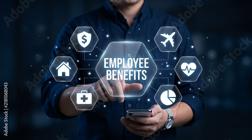 Businessman pointing at employee benefits virtual screen interface icon graphic