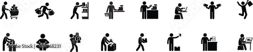 Shopping Stick Figure Silhouette Set Cart Checkout Online Order Gift Unboxing Delivery Black Friday Vector Design