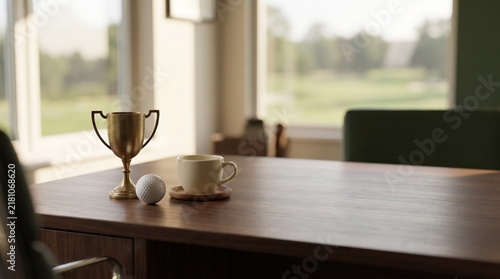 A golden trophy, golf ball, and coffee cup on a wooden desk overlooking a golf course.