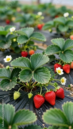 Obraz na płótnie Strawberry Patch with Red Berries in Full Bloom Garden