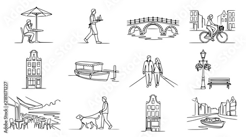Foto Amsterdam Lifestyle Icons: Canal Boat, Bridge, Cafe, Biking, Buildings