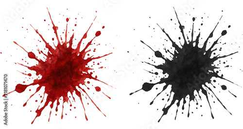 Red and black watercolor ink splashes isolated on white background for artistic design.