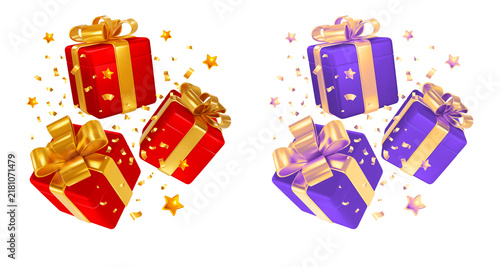 Floating 3D gift boxes with gold ribbons and falling stars for holiday celebration design