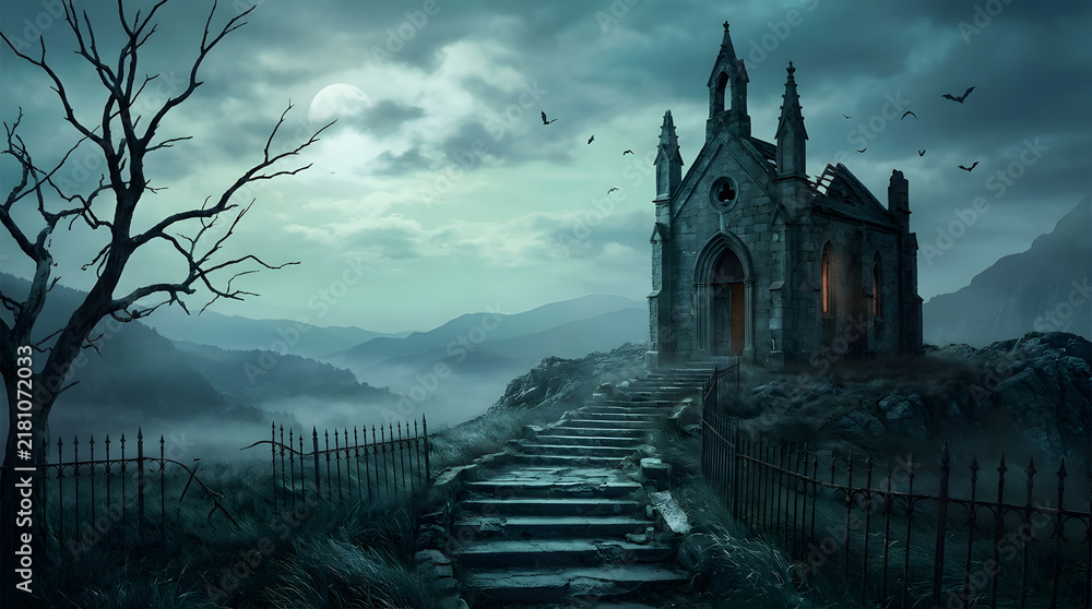 Obraz premium Scary old abandoned gothic church with stone stairs and dead tree under a dark green sky