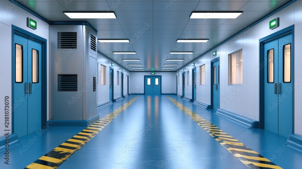 Fototapeta premium Modern and Spacious Hospital Corridor with Blue Walls, Bright Lighting, and Clear Directional Markings on Floor for Healthcare Settings
