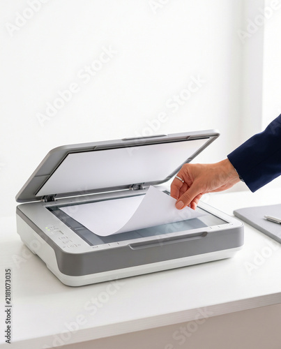 Hand Placing Paper Document into Flatbed Scanner in Office
