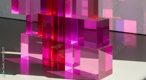 Colorful transparent acrylic blocks casting vibrant magenta and pink shadows across a reflective surface during daytime creating geometric patterns and refractive architectural dimensional depth