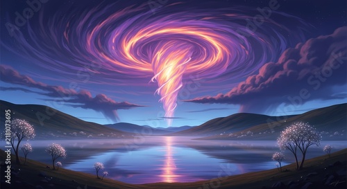 A massive swirling vortex of bright purple and fiery orange energy spins fiercely across the darkening evening sky above a calm water surface surrounded by quiet hills and sparse trees