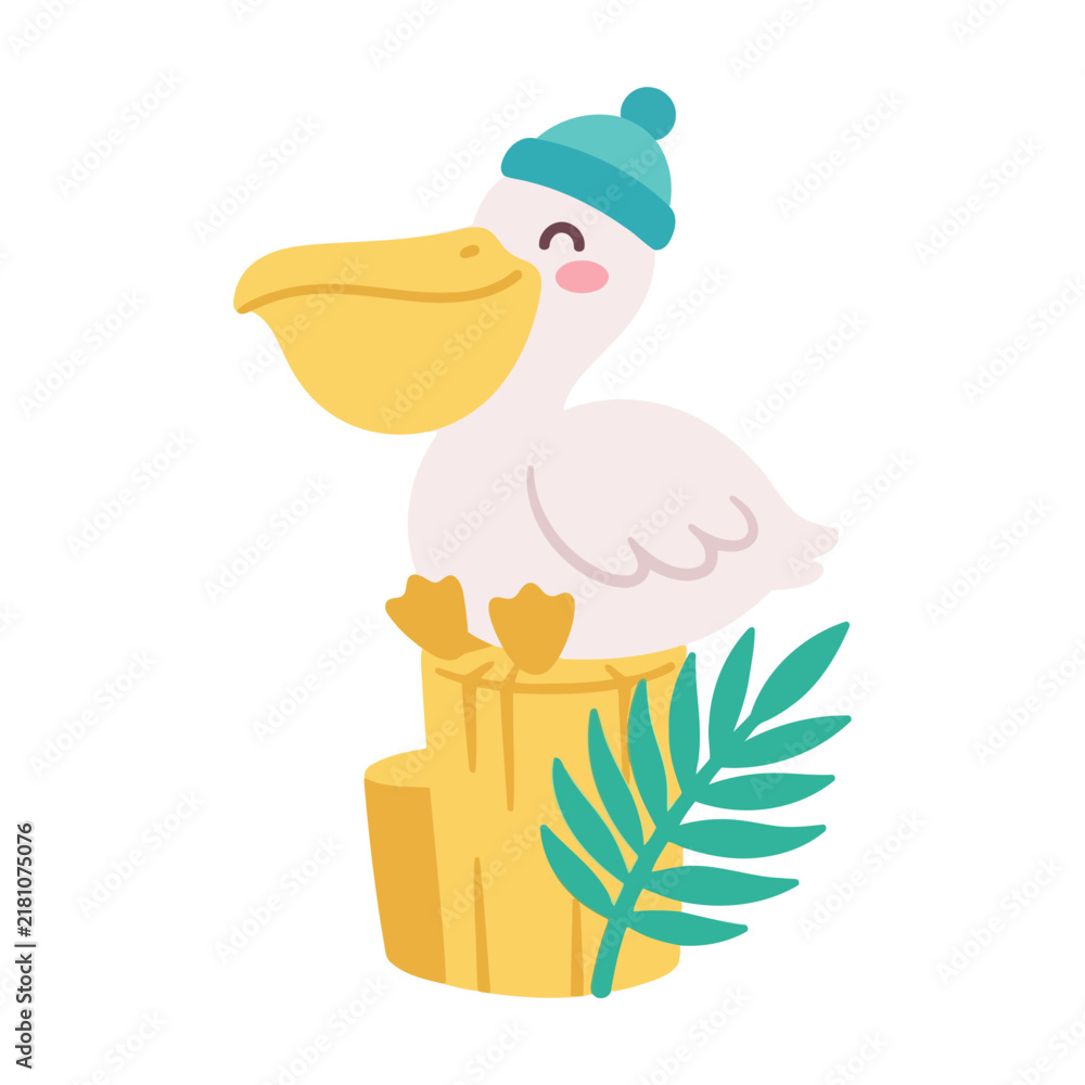 Obraz premium Cute cartoon pelican wearing a hat sitting on a stump.