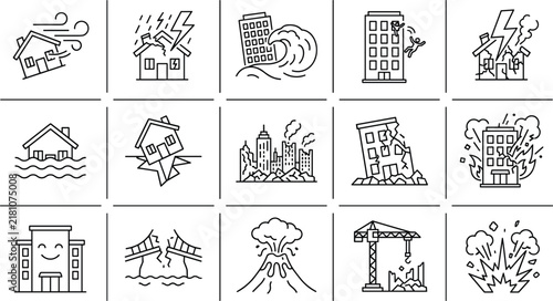 Foto Natural disaster icons depicting house destruction earthquake damage city flood