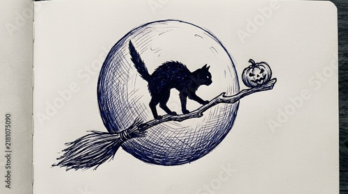 Black cat on broomstick over full moon sketch.