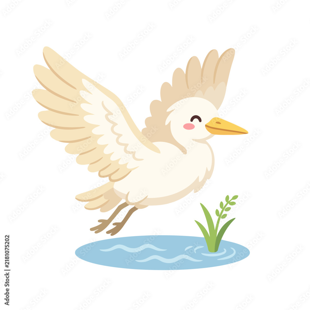 Obraz premium Cute cartoon egret bird flying over water with wings spread.