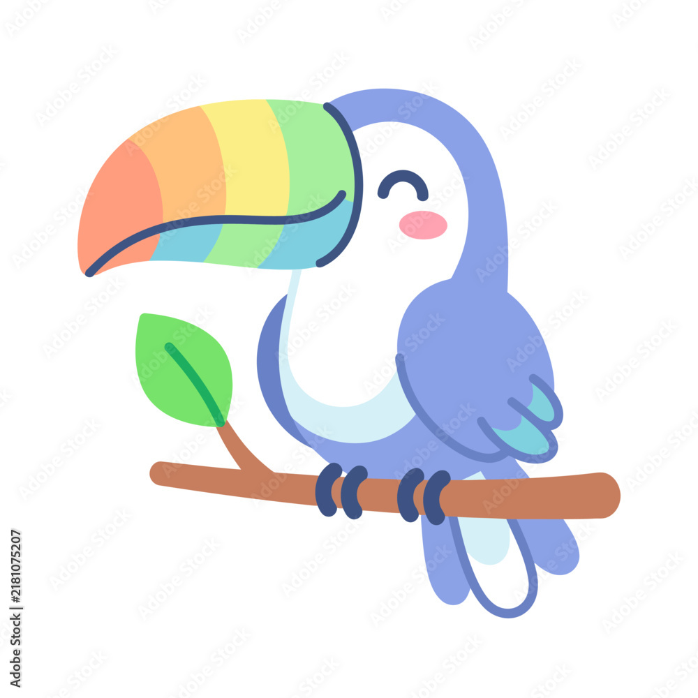 Obraz premium Cute cartoon toucan bird with rainbow beak sitting on a branch.
