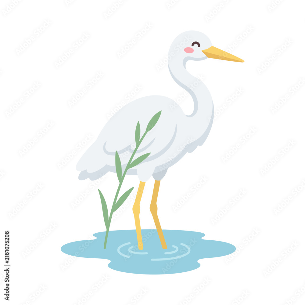 Obraz premium Cute cartoon egret standing in shallow water with a plant.