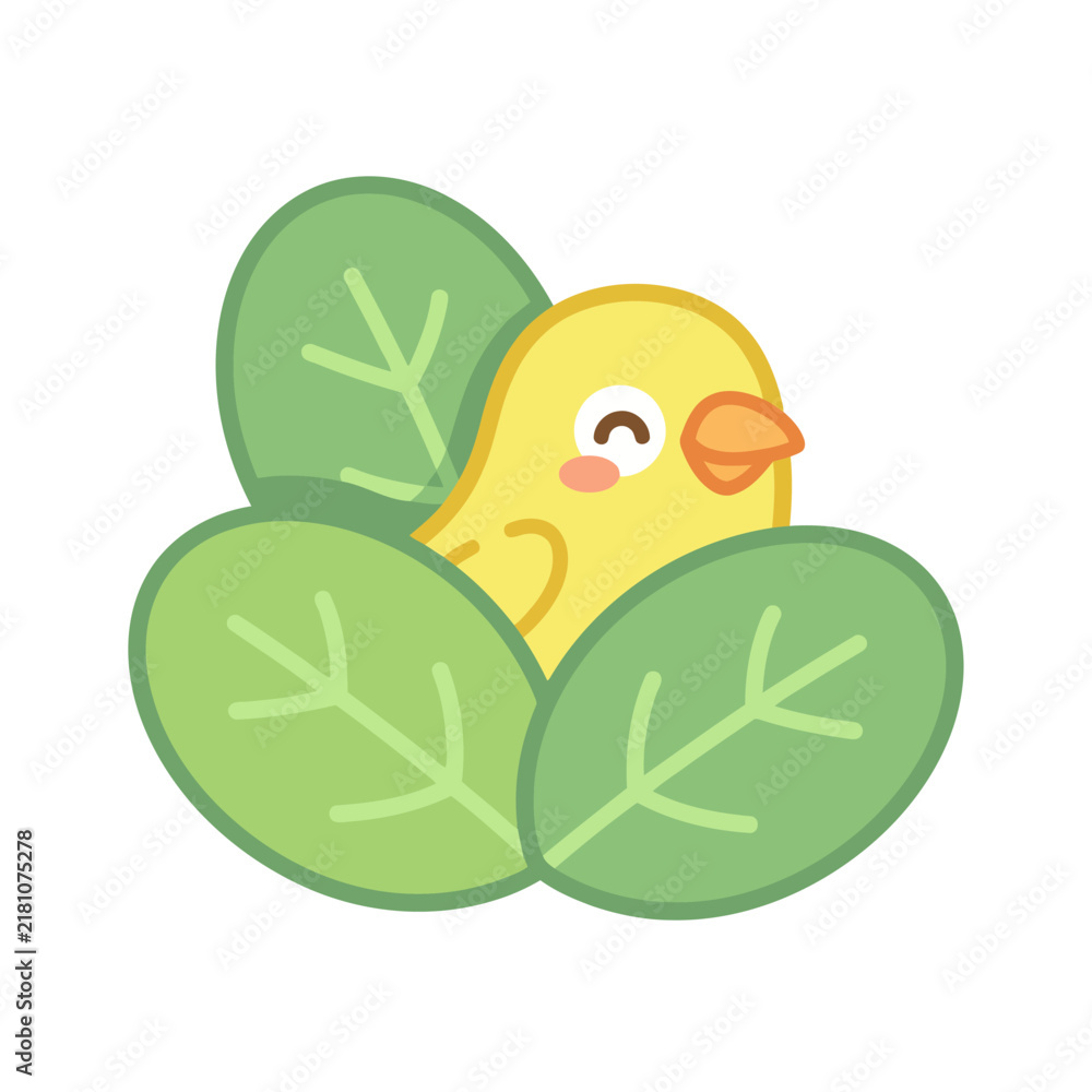 Obraz premium Cute cartoon chick hiding behind green leaves illustration.