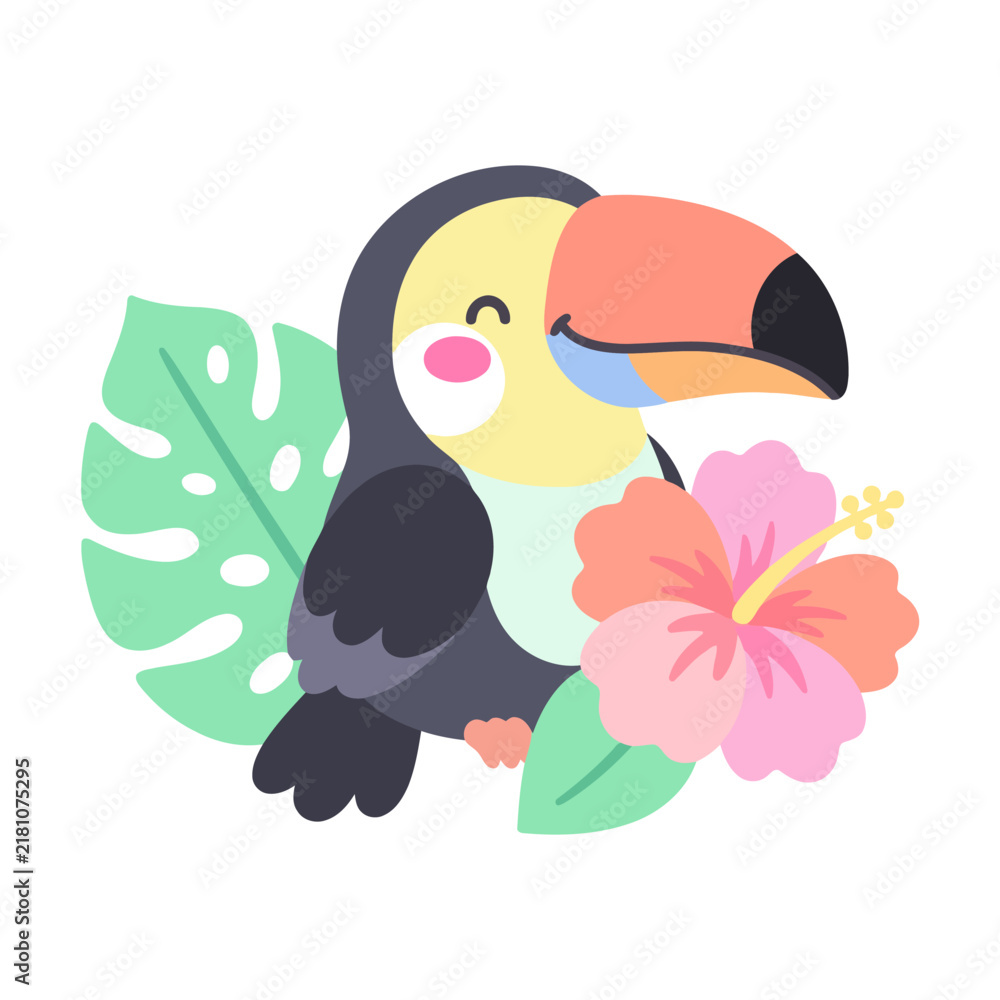 Obraz premium Cute cartoon toucan bird with hibiscus flower and tropical leaves.