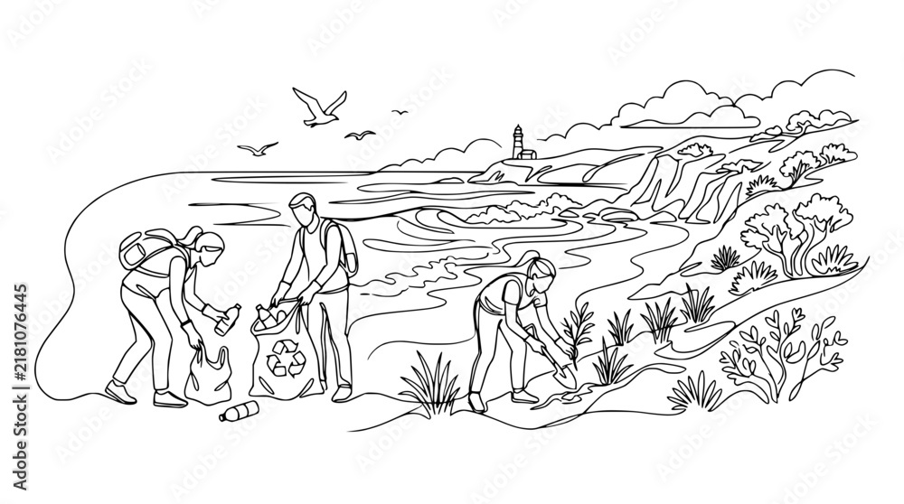 Obraz premium Volunteers cleaning beach and planting trees, coastal landscape, line art illustration