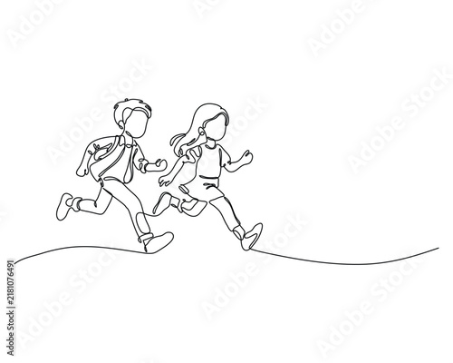Energetic Children Running Together in a Minimalist Continuous Line Art Illustration Depicting Childhood Fun