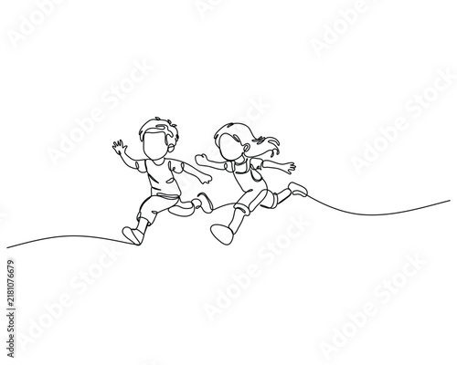 Children Running with Joy in a Continuous Line Art Drawing Evoking Playful Childhood Freedom