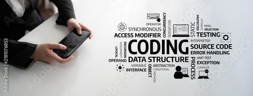 Fotografie Hands holding a smartphone with a creative coding theme, surrounded by programming terminology and icons, symbolizing the world of technology and development