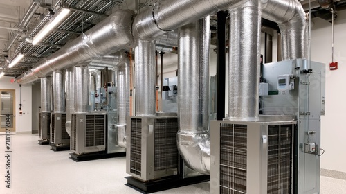Modern Ventilation System with Silver Ducts in a Commercial Building for Efficient Air Circulation and Temperature Control