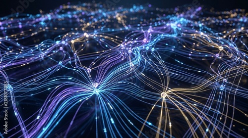Abstract Artificial Intelligence Neural Network with Glowing Data Streams and Interconnected Digital Nodes.