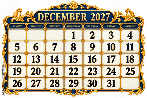 Elegant December 2027 Calendar: A luxurious, ornate calendar displays the month of December 2027 with a decorative blue and gold frame, showcasing the days and dates.