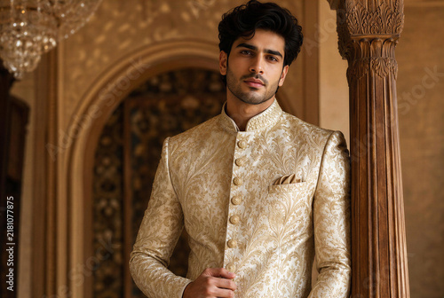 Handsome Indian Groom Wearing Traditional Sherwani Attire for Wedding