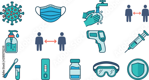 Coronavirus COVID-19 Healthcare Safety Protocol and Medical Prevention Color Icons Vector Set
