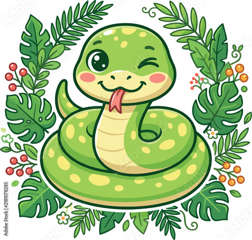 Cute Winking Green Snake Cartoon Character Tropical Jungle Leaves Vector Illustration